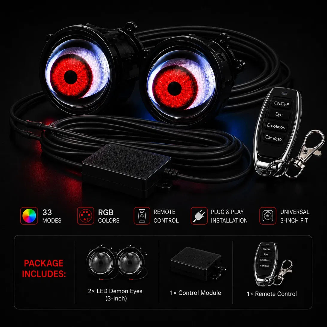 Road Light LED Demon Eyes kit with remote control and features