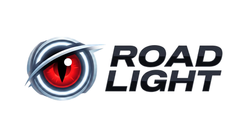 The logo for Road Light, featuring a stylized red and black eye inside a silver circular frame on the left, next to the words 'ROAD LIGHT' in bold black letters on a white background.

